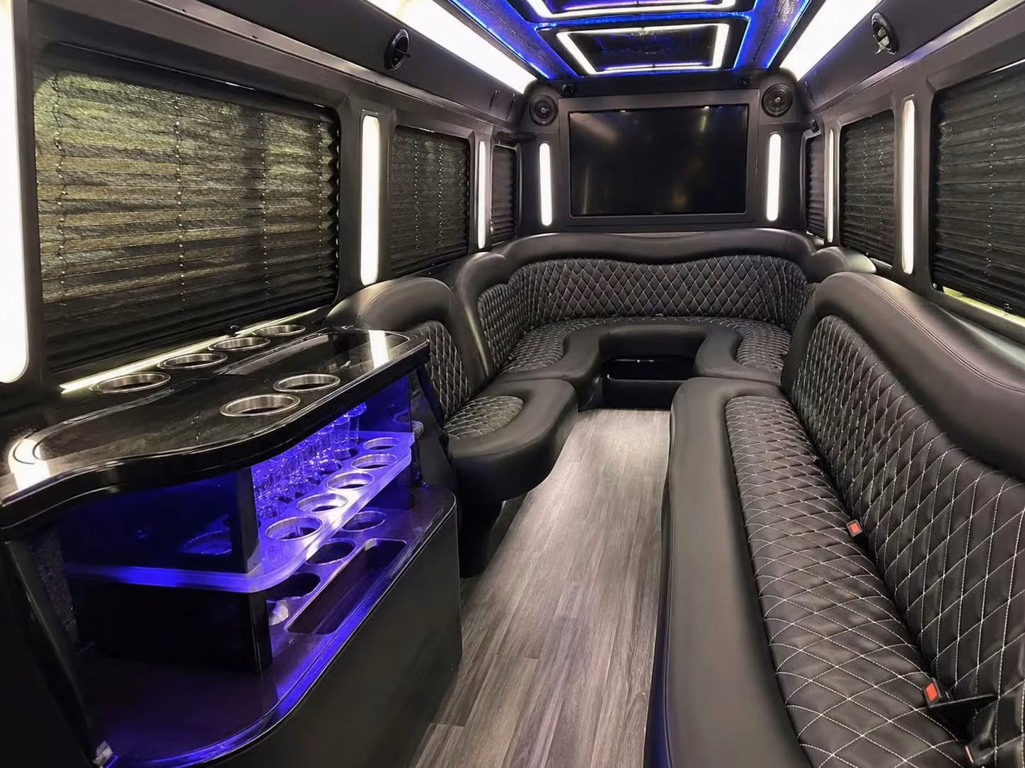 bell gardens prom party buses with led lighting bluetooth sound and leather seating